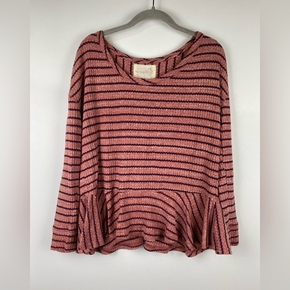 We The Free Tops - We the Free Auntie Em Thermal Peplum Blouse Mauve/Plum Striped Top, Size Small